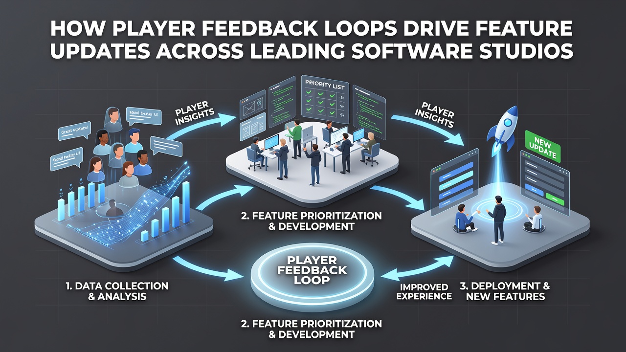Diagramm zeigt den Kreislauf von Spieler-Feedback zu Feature-Updates in Software-Studios